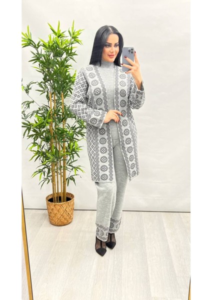 Şems Fashion Triko Kumaş 3lü Set Takım Triko Hırka Kazak Pantolon Takım