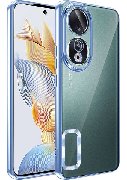 Huawei Honor 90 Kapak Yanları Renkli Lens Korumalı Logo Gösteren Şeffaf Luxury Silikon Kılıf - Mavi