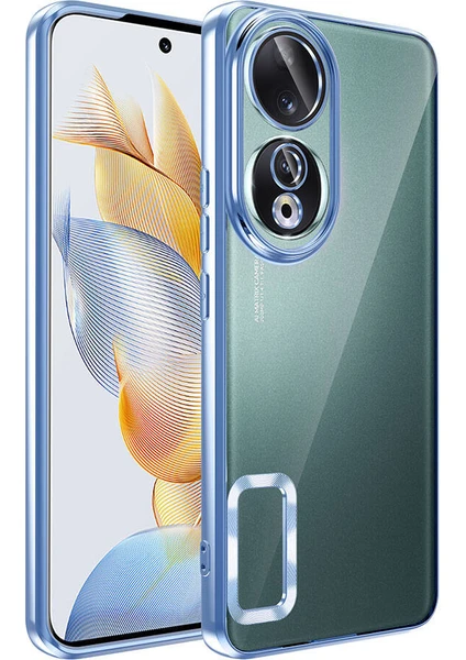 Caseart Huawei Honor 90 Kapak Yanları Renkli Lens Korumalı Logo Gösteren Şeffaf Luxury Silikon Kılıf - Mavi