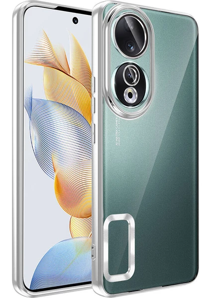 Caseart Huawei Honor 90 Kapak Yanları Renkli Lens Korumalı Logo Gösteren Şeffaf Luxury Silikon Kılıf - Gümüş