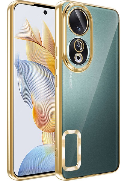 Caseworld Huawei Honor 90 Kapak Yanları Renkli Lens Korumalı Logo Gösteren Şeffaf Luxury Silikon Kılıf - Gold