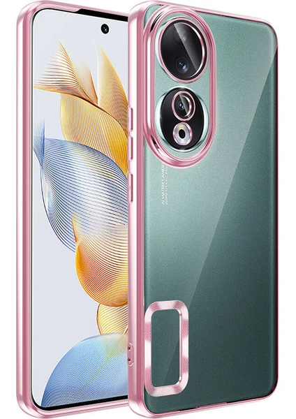 Caseart Huawei Honor 90 Kapak Yanları Renkli Lens Korumalı Logo Gösteren Şeffaf Luxury Silikon Kılıf - Rose Gold