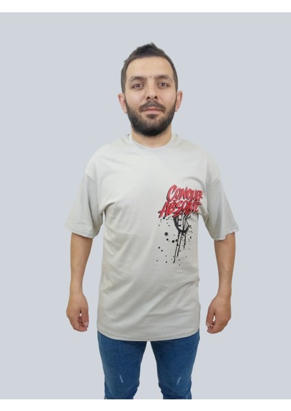 Erkek Conquer Oversize Bisiklet Yaka Açık Gri T-Shirt