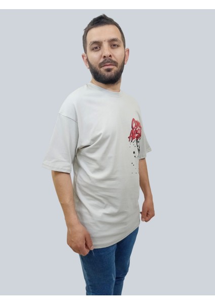 Erkek Conquer Oversize Bisiklet Yaka Açık Gri T-Shirt