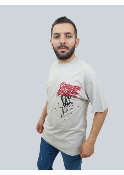 Erkek Conquer Oversize Bisiklet Yaka Açık Gri T-Shirt