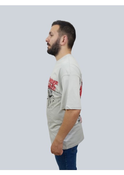 Erkek Conquer Oversize Bisiklet Yaka Açık Gri T-Shirt