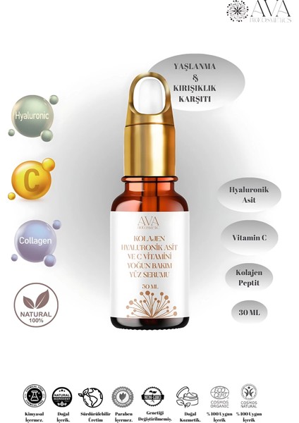 Kolajen Peptit+ Hyaluronik Asit + Vit C Yoğun Bakım Yüz Serumu