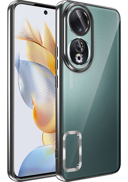 Caseworld Huawei Honor 90 Kapak Yanları Renkli Lens Korumalı Logo Gösteren Şeffaf Luxury Silikon Kılıf - Siyah