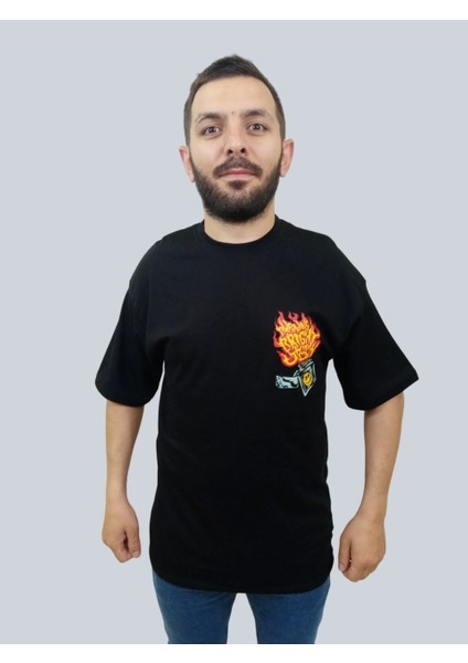 Erkek Burning Oversize Bisiklet Yaka Siyah T-Shirt