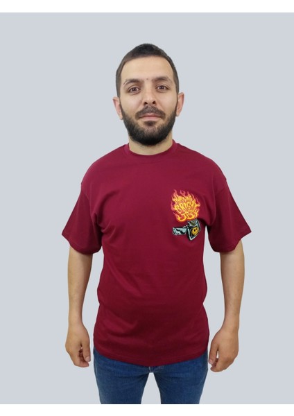 Erkek Burning Oversize Bisiklet Yaka Bordo T-Shirt