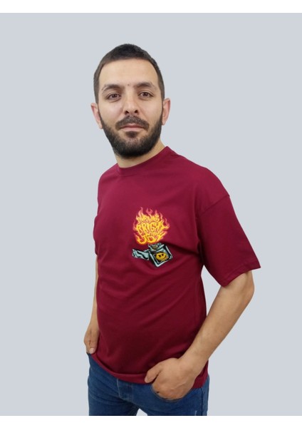 Erkek Burning Oversize Bisiklet Yaka Bordo T-Shirt