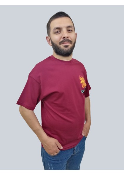 Erkek Burning Oversize Bisiklet Yaka Bordo T-Shirt