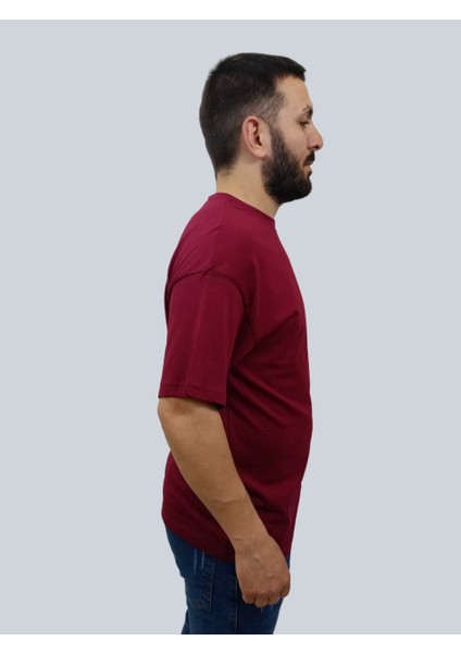 Erkek Burning Oversize Bisiklet Yaka Bordo T-Shirt