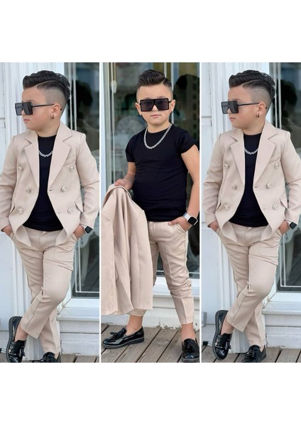 4 Parça 6 Düğmeli Ceketli Erkek Çocuk Takım Elbise - Siyah Tshırt fiyatları
