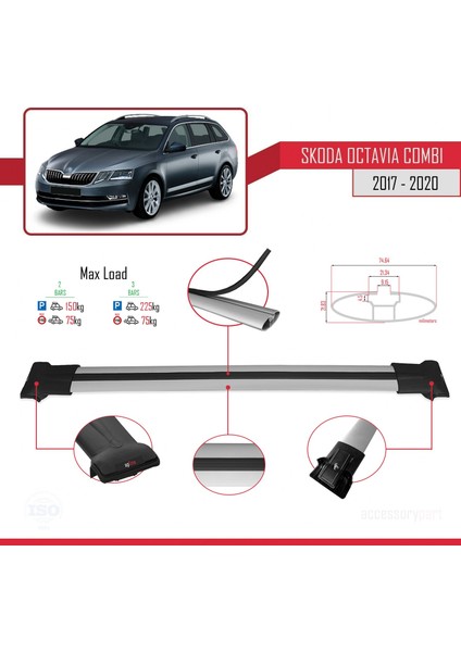 Skoda Octavia Combı 2017-2020 Arası ile Uyumlu Fly Model Ara Atkı Tavan Barı Gri fırsatları