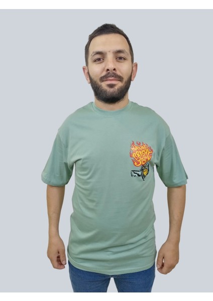 Erkek Burning Oversize Bisiklet Yaka Mint Yeşili T-Shirt