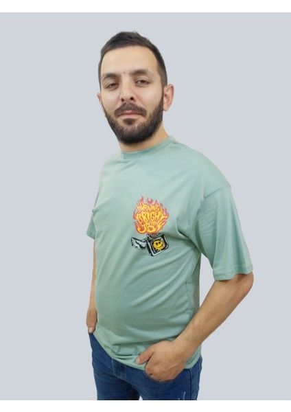 Erkek Burning Oversize Bisiklet Yaka Mint Yeşili T-Shirt