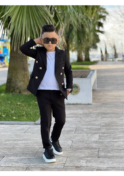 4 Parça 6 Düğmeli Ceketli Erkek Çocuk Takım Elbise - Beyaz Tshırt modelleri