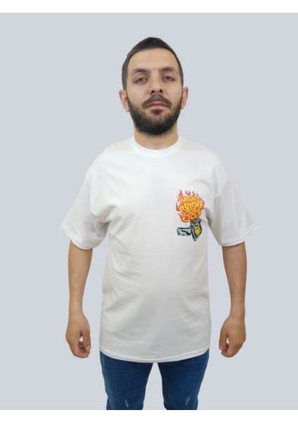 Erkek Burning Oversize Bisiklet Yaka Beyaz Tişört