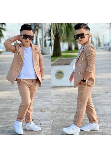 4 Parça 6 Düğmeli Ceketli Erkek Çocuk Takım Elbise - Beyaz Tshırt fiyatları