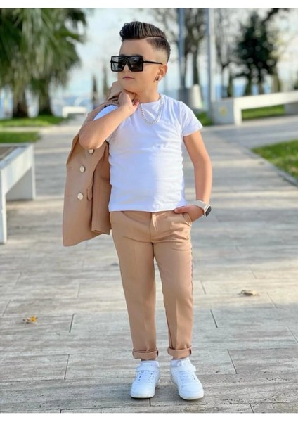 4 Parça 6 Düğmeli Ceketli Erkek Çocuk Takım Elbise - Beyaz Tshırt modelleri
