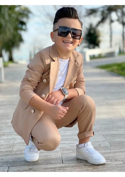 4 Parça 6 Düğmeli Ceketli Erkek Çocuk Takım Elbise - Beyaz Tshırt fırsatları