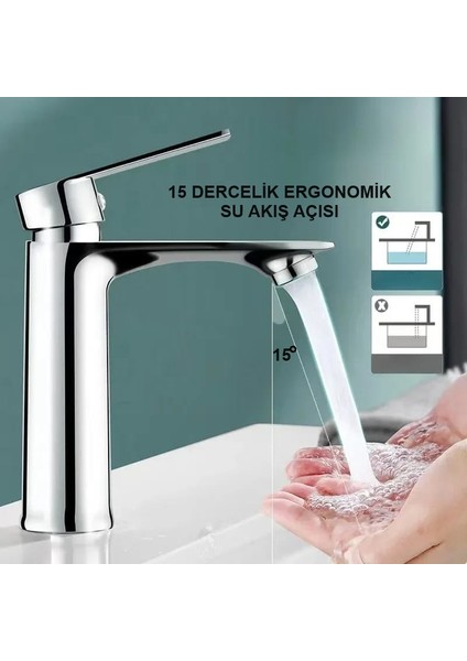 Krom Lavabo Bataryası Gümüş Paslanmaz Garantili Musluk Prinç Aç Kapa Ergonomik