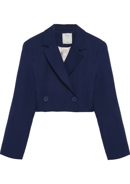 Kruvaze Crop Blazer Ceket Lacivert