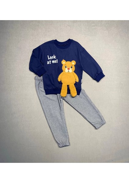 Icık Sallanan Ak Desenli Likra Penye Kumaş Sweat Pantolonlu Kız Erkek 2li Çocuk Takımı Lacivert