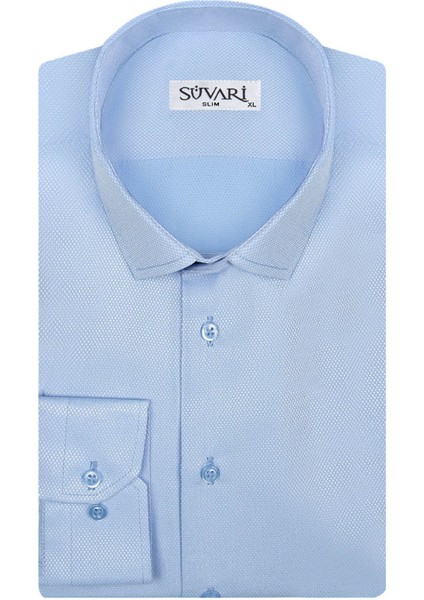 Slim Fit Klasik Yaka Armürlü Mavi Erkek Gömlek GM2024700286