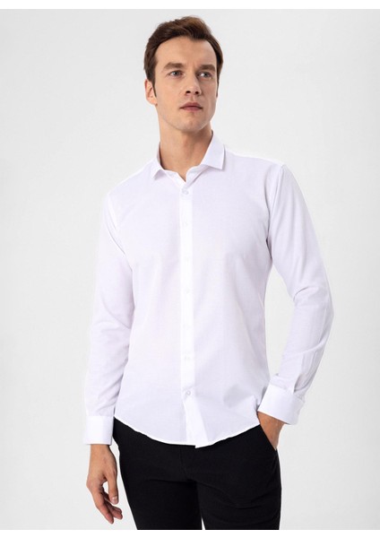 Slim Fit Klasik Yaka Armürlü Beyaz Erkek Gömlek GM2024700295