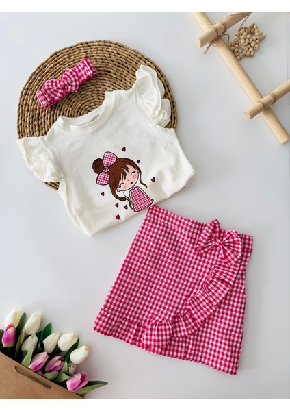 Pötikare Asimetrik Kesim Sevimli Kız Baskılı Şort Etekli 3 lü takım - Fuşya