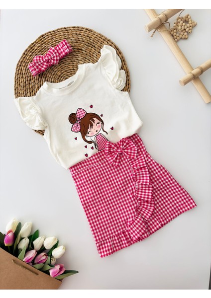 Pötikare Asimetrik Kesim Sevimli Kız Baskılı Şort Etekli 3 lü takım - Fuşya fiyatları