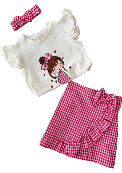 Pötikare Asimetrik Kesim Sevimli Kız Baskılı Şort Etekli 3 lü takım - Fuşya modelleri