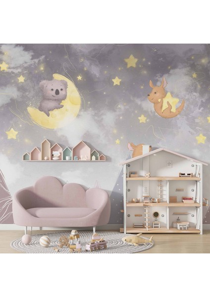 Ayıcı ve Ay Desenli Çocuk Odası Duvar Kağıdı Baskı