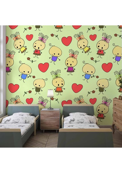 Minik Çocuk Desenli Çocuk Odası Duvar Kağıdı Baskı