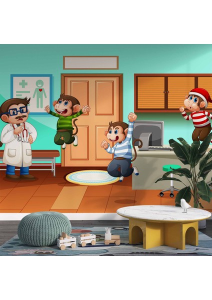 Doktor Ve Maymun Desenli Çocuk Oyun Odası Duvar Kağıdı Baskı