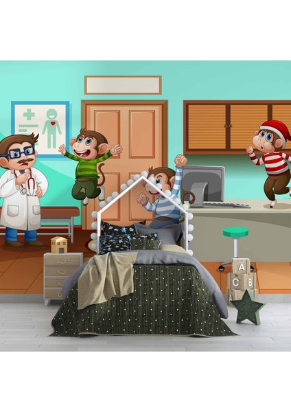 Doktor Ve Maymun Desenli Çocuk Oyun Odası Duvar Kağıdı Baskı