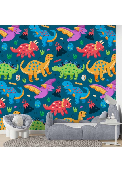 Renkli Dinozor Desenli Çocuk Oyun Odası Duvar Kağıdı Baskı