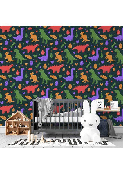 Renkli Dinozor Desenli Çocuk Odası Duvar Kağıdı Baskı