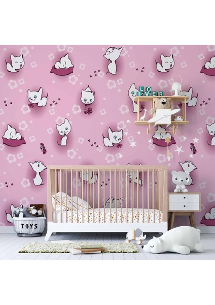 Pembe Kedili Çocuk Odası Duvar Kağıdı Baskı modelleri
