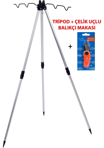 Makas + 3 Ayaklı Alüminyum Teleskopik, Katlanabilir Hafif Kamış ve Olta Dayama Sehpası (Tripod)