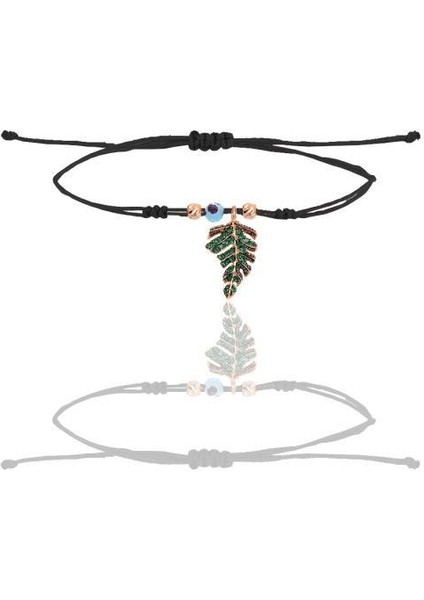 Gümüş Rose Yeşil Taşlı Nazarlı Yaprak Modeli Siyah Ipli Şans Bileklik Sgtl12489sıyah