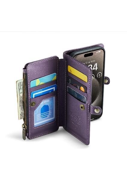 Iphone 15 Için Crossbody Durumda Pro Max Rfid Engelleme Durumda Cüzdan Fermuar Yuvası (Yurt Dışından)