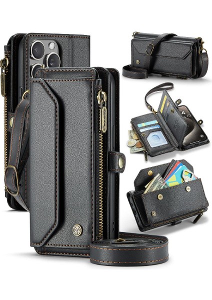 Iphone 15 Için Crossbody Durumda Pro Max Rfid Engelleme Durumda Cüzdan Fermuar Yuvası (Yurt Dışından)
