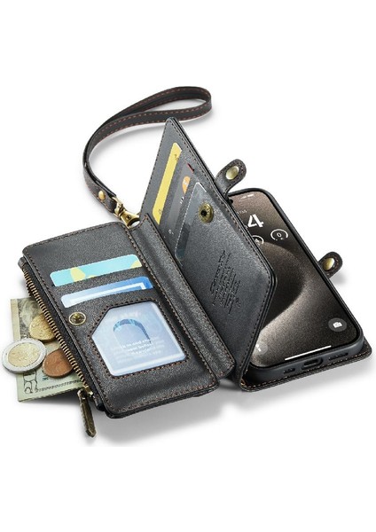 Iphone 15 Için Crossbody Durumda Pro Max Rfid Engelleme Durumda Cüzdan Fermuar Yuvası (Yurt Dışından)