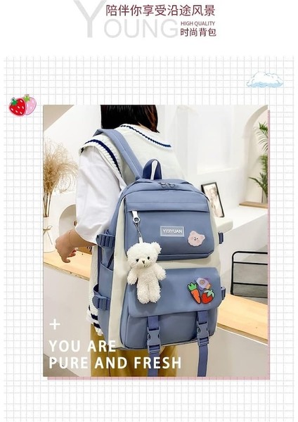 Yucama 5 Parça Set Kadın Laptop Sırt Çantası Tuval Okul Çantaları Genç Kızlar Için Üniversite Öğrencisi Çocuklar Kitap Çantası Sırt Çantası - Blue (Yurt Dışından)
