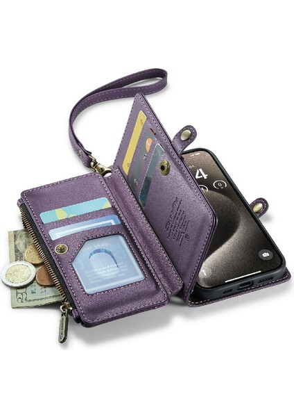 Iphone 15 Için Crossbody Durumda Pro Max Rfid Engelleme Durumda Cüzdan Fermuar Yuvası (Yurt Dışından)