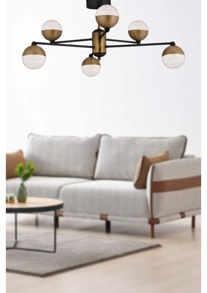 63 x 63 Elizya Modeli 6 Kollu Ledli Modern Siyah Eskitme Salon Oturma Odası Avizesi Siyah E27 6 35