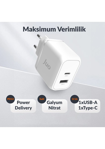 45W Gan Usb-C + Usb-A Şarj Aleti iPhone & iPad & Macbook & Samsung Uyumlu Pd Type-C Hızlı Şarj Cihazı Beyaz